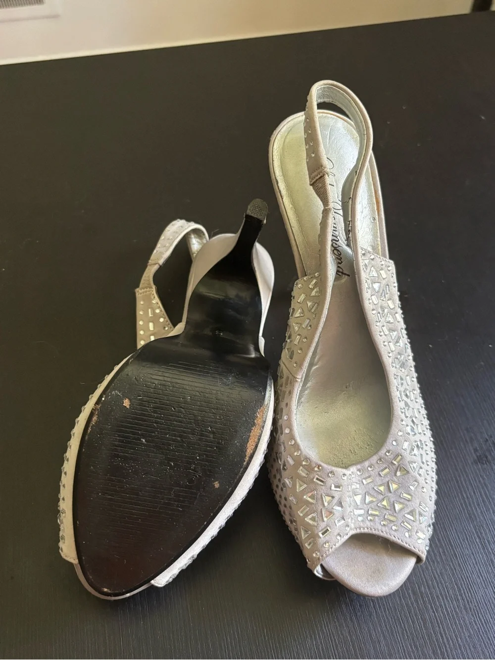 Lulu Townsend Silver Crystal-Embellished Peep-Toe Slingback Heels